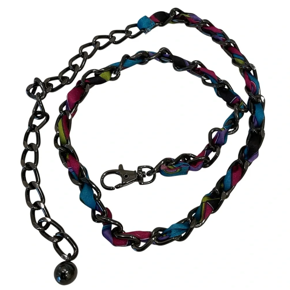 Heavy chain belt with colorful pucci style fabric intertwined, silver, black